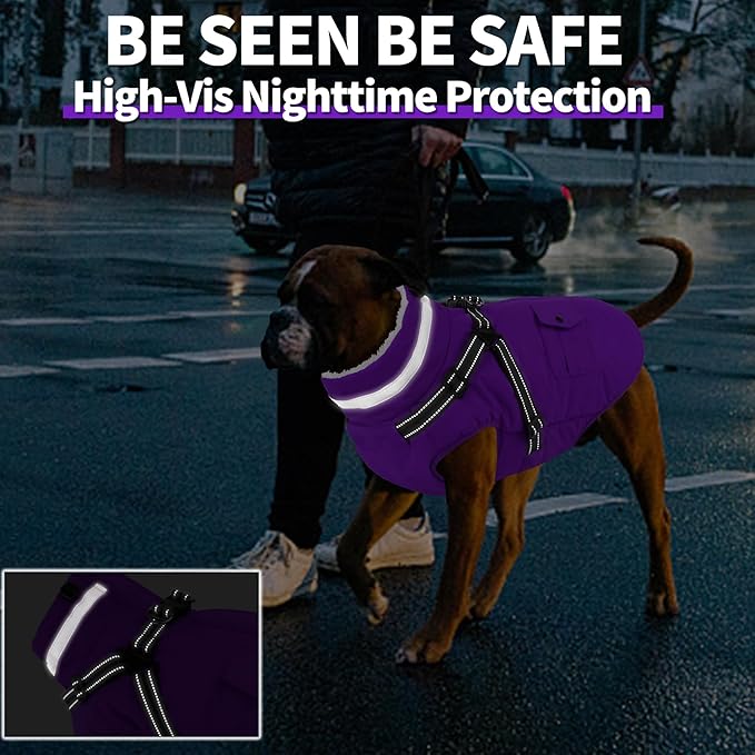 Dogcheer Dog Coat with Harness, Waterproof Warm Dog Winter Jacket with Pockets, Reflective Pet Fleece Jacket Turtleneck Snowsuit for Small Medium Large Dogs - Purple, 2XL