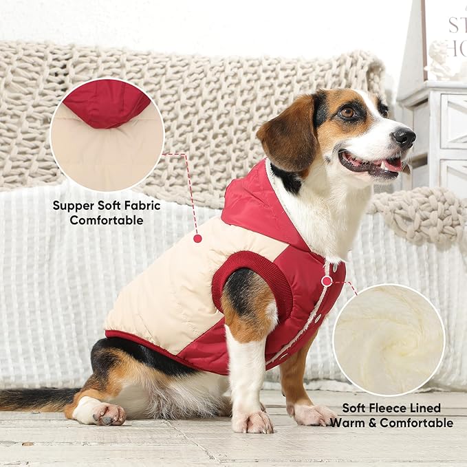 Fleece Lining Extra Warm Dog Hoodie in Winter for Large Dogs Jacket Pet Coats with Hooded,Beige and Red XXL