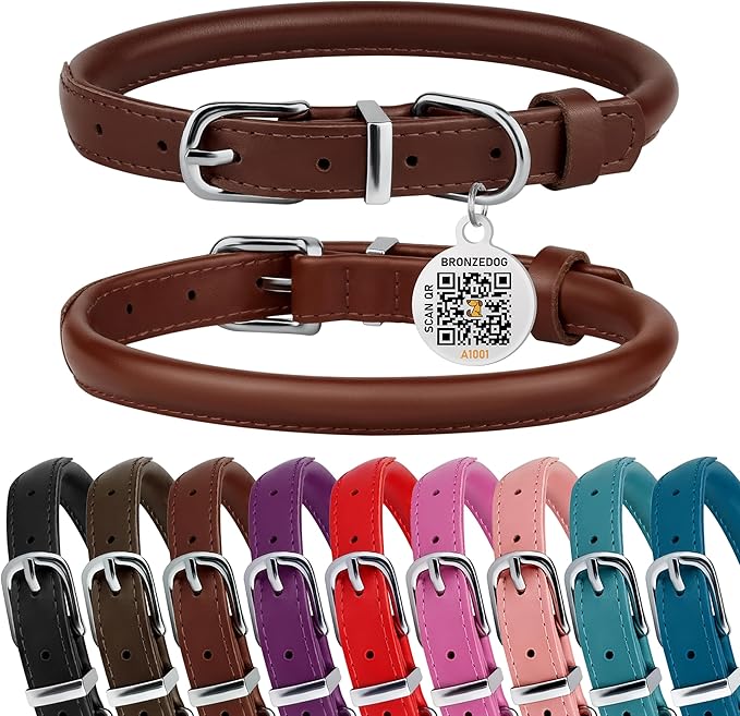 BRONZEDOG Rolled Leather Dog Collar for Small Medium Large Dogs with QR ID Tag (L: 16-18 Inch, Chocolate Brown)