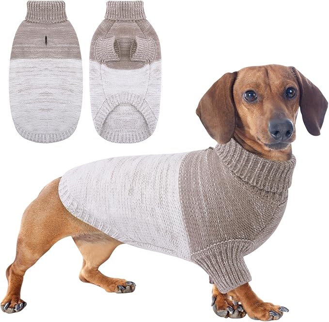 Queenmore Knitted Pullover Dog Sweater, Turtleneck Pet Cat Sweater, Cold Weather Puppy Clothes Stitching Knitwear with Leash Hole for Small Medium Dogs(Khaki,M)