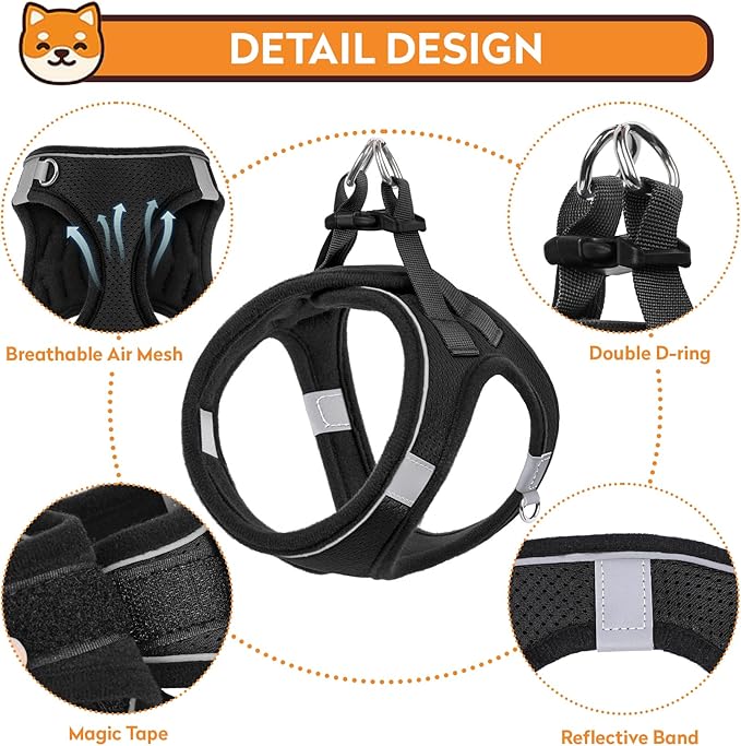 Dog Harness with Leash Set, No-Pull Step-in Reflective Pet Harness with 1 Leash Clips, Adjustable Soft Padded Easy Walk Dog Vest for Small Medium Large Dogs, Cats(Carbon Black, Small)