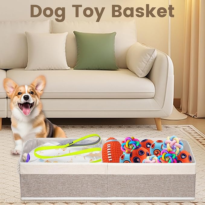 Large Dog Toy Basket With Handle, Foldable Dog Toy Box for Living Room Area, 28.5" Basket for Dog Toys, Clothes, Organizers and Storage with Hard Board, Anti-slip for Pet Toys (Brown, Large)