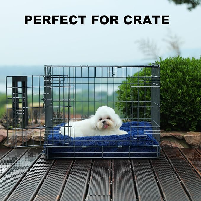 Bedfolks Waterproof Crate Bed, Plush Dog & Cat Kennel Pad with Removable Cover, Fluffy Washable Faux Fur Bed, 17"x12", Solid Dark Blue