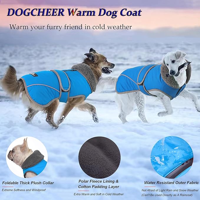 Dogcheer Dog Coat, Waterproof Dog Jacket Reflective Pet Winter Coat with Adjustable Hook & Loop, Christmas Puppy Fleece Jacket Warm Turtleneck Snowsuit for Small Medium Large Dogs - Sky Blue, 3XL