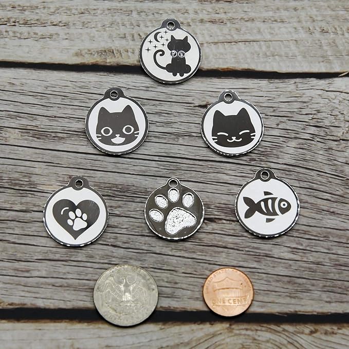 Stainless Steel Cat ID Tags - Engraved Personalized Cat Tags includes up to 4 Lines of Text with Round Heart Shape