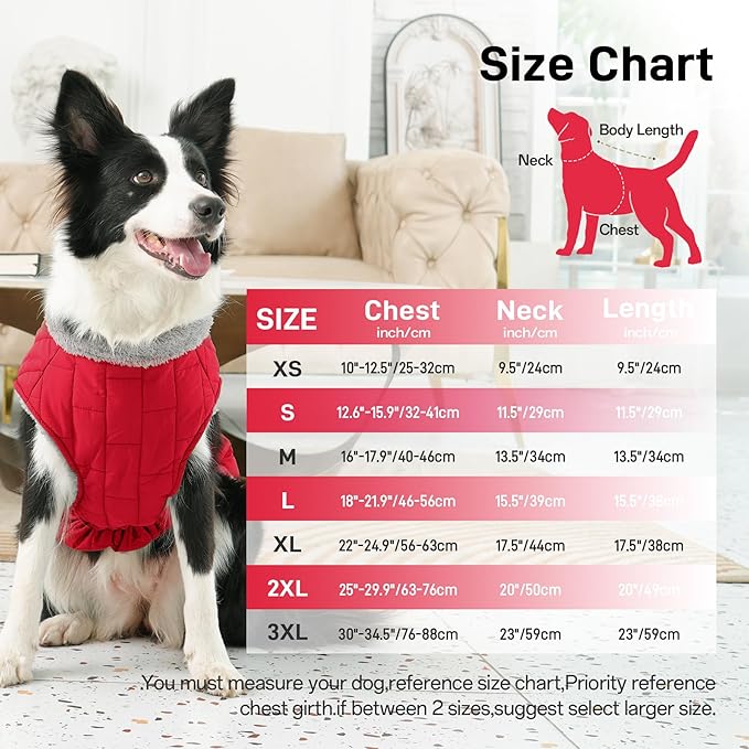 Warm Fleece Dog Coats with Durable Harness Buitl in D-Ring,Waterproof Doggie Jacket for Large Dogs,Dog Vest for Cold Winter,Red XXXL