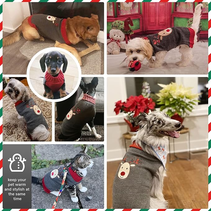 PETCARE Reindeer Christmas Dog Sweater Gray Cat Sweater Vest Cartoon Elk Pet Holiday Dog Clothes Puppy Sweaters for Small Medium Large Dogs Cats Fall Winter Outfits Xmas Dogs Costume,Large