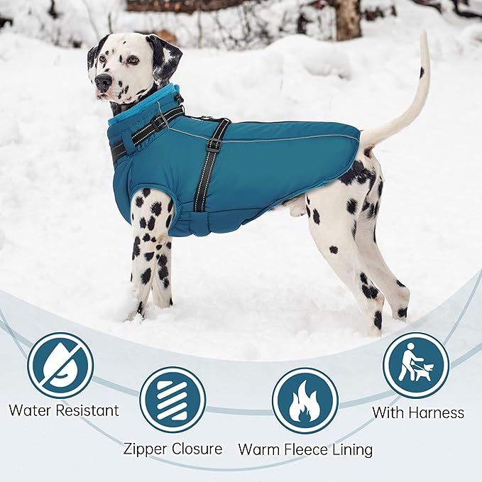PUMYPOREITY Dog Coat with Harness Built in, Reflective Fleece Jacket, Thick and Warm Winter Coat, Medium Dog Jacket with Zip, Cold Weather Coats for Outdoor, Waterproof Pet Snowsuit, Blue, L