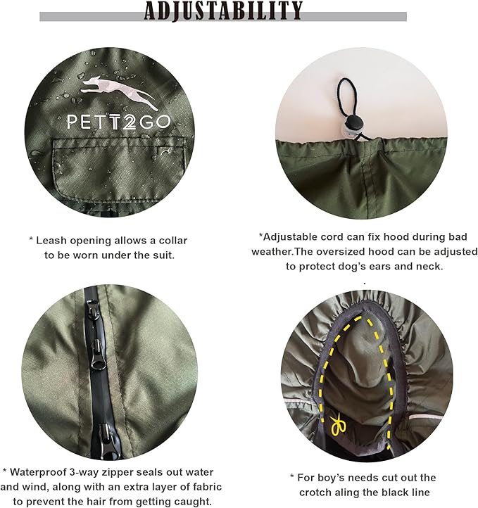 Dog Lightweight Windbreaker, Dog Outdoor 4-Legs Jacket, 0.5 lbs,Durable Water Repellent, Hooded, Easy on/Off with Collar and Harness, Reflective, Packable,Dark Olive (XXX-Large)