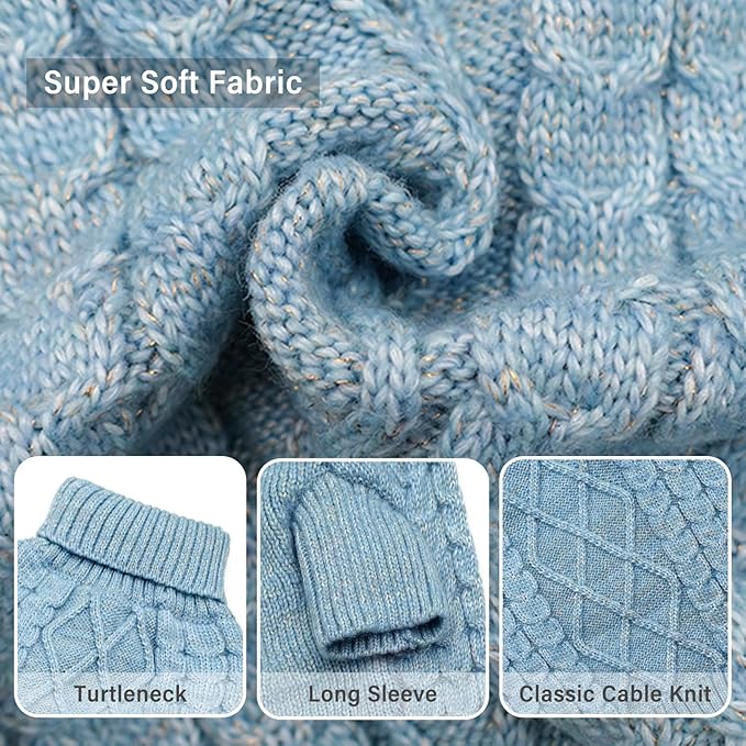 KYEESE Dog Sweater Stretchy Pet Sweater Warm Dogs Clothes with Long Sleeve Classic Cable Knit Turtleneck Dogs Coats, Soft Small Dog Sweater for Cold Weather, Blue, X-Small