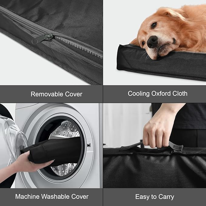 Outdoor Large Washable Dog Bed, Orthopedic Egg Crate Foam Dog Crate Mat for Large Dogs with Removable Oxford Cooling Cover, Black