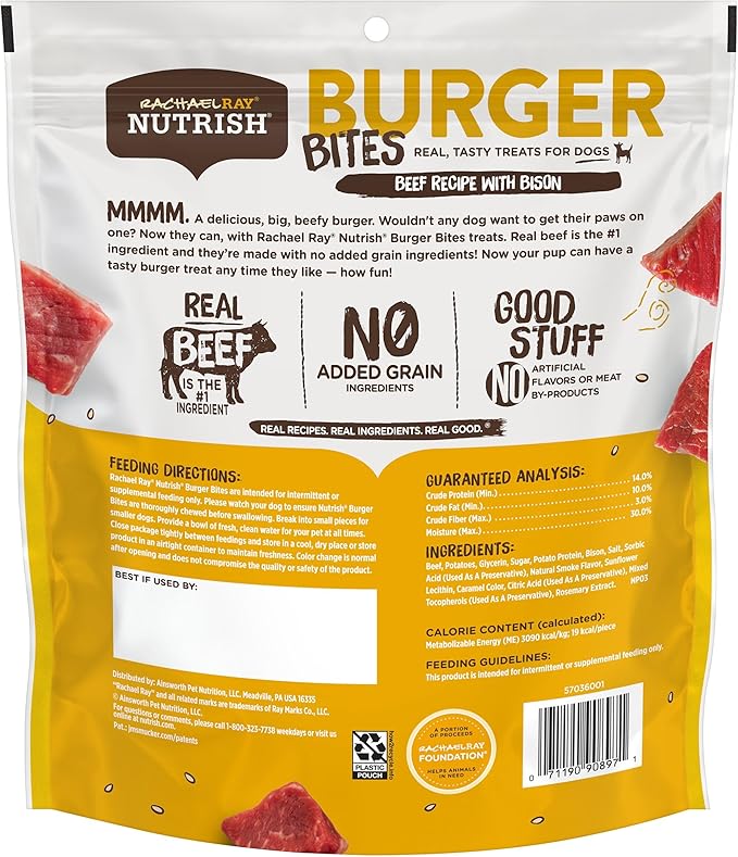 Nutrish Rachael Ray Burger Bites Dog Treats, Beef Recipe with Bison, 30 oz. Pouch