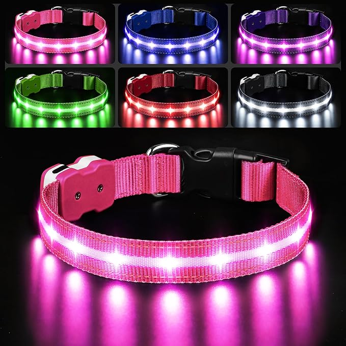 PcEoTllar Light Up Dog Collars, Led Dog Collar, Rechargeable, Night Walking, Waterproof, Glow in The Dark Dog Collars Light for Large Small Medium Dogs, Pink l