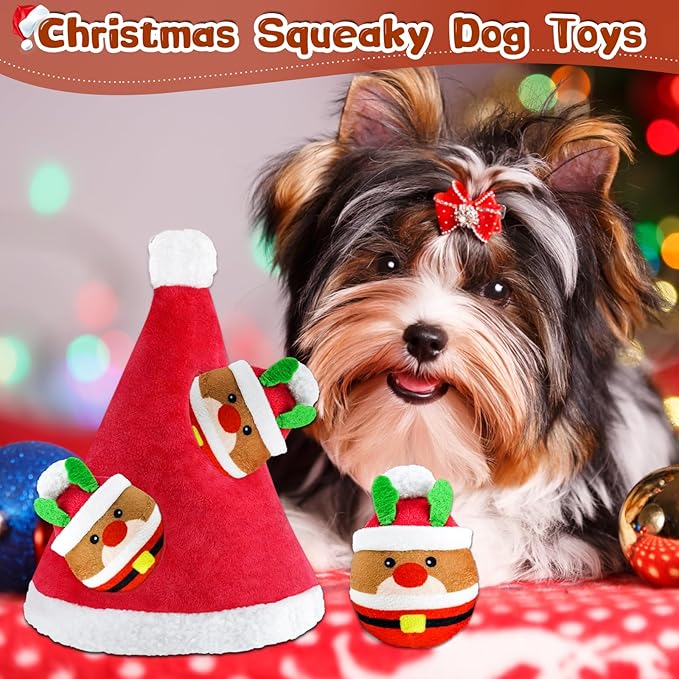 Christmas Squeaky Dog Toys - 4 Pack Hide and Seek Dog Toys - Plush Toys Christmas Hat for Puppy, Small, Medium Breeds