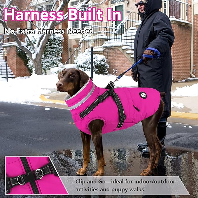 Dogcheer Dog Coat with Harness, Waterproof Dog Jacket Christmas Pet Winter Coat with Pockets, Reflective Doggy Turtleneck Fleece Jacket for Small Medium Large Dogs - Pink, L