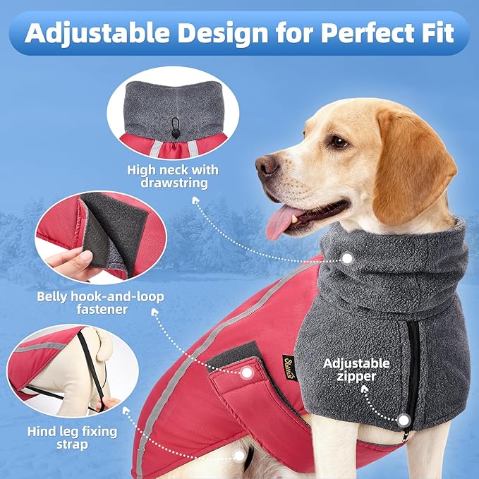 SlowTon Winter Dog Coat, Warm Polar Fleece Lining Doggie Outdoor Jacket with Turtleneck Scarf Reflective Stripe Adjustable Waterproof Windproof Puppy Vest Soft Pet Outfits (M,Red)