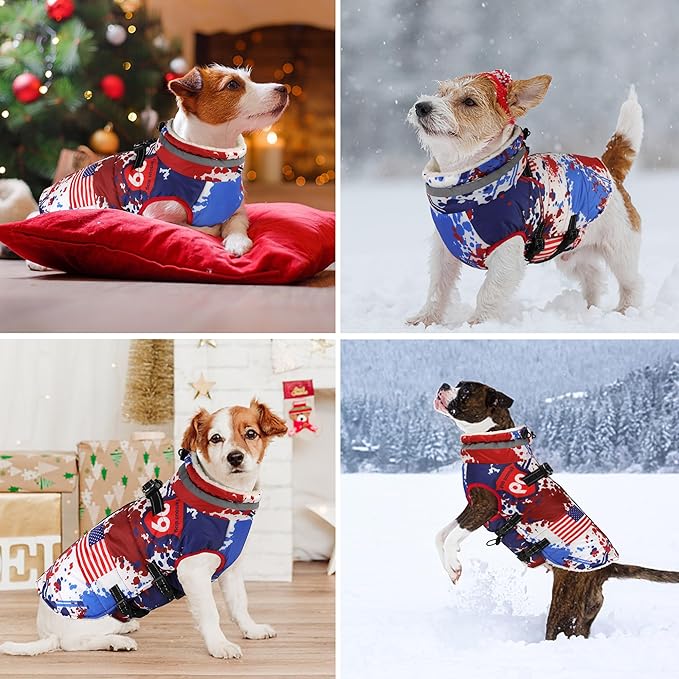 Dogcheer Dog Winter Coat, American Flag Dog Jacket with Harness, Adjustable Puppy Coat with Zipper, Waterproof Pet Fleece Jacket Snowsuit for Small Medium Large Dogs - US Flag S