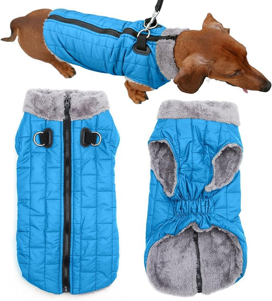 Warm Fleece Dog Coats with Durable Harness Buitl in D-Ring,Waterproof Puppy Jacket for Small Dogs,Dog Vest for Cold Winter,Light Blue S