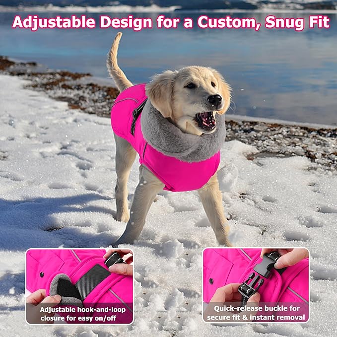 Dogcheer Dog Coat with Pocket, Waterproof Dog Jacket with Adjustable Buckle, Reflective Puppy Winter Coat Warm Turtleneck Fleece SnowJacket for Small Medium Large Dogs - Pink S