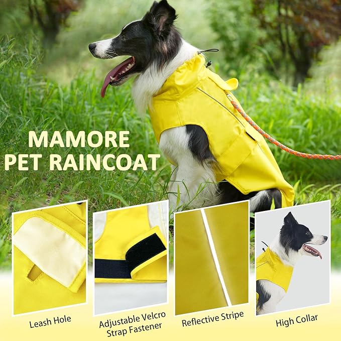 Waterproof Dog Raincoat, Adjustable Lightweight Dog Rain Jacket with Reflective Strip Leash Hole for Small Medium Large Dogs (Yellow, XX-Large(55-77lb))