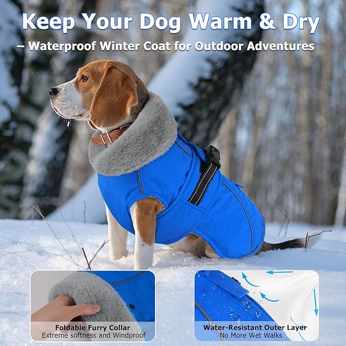 Dogcheer Dog Coat with Pocket, Waterproof Dog Jacket with Adjustable Buckle, Reflective Puppy Winter Coat Warm Turtleneck Fleece SnowJacket for Small Medium Large Dogs - Blue S