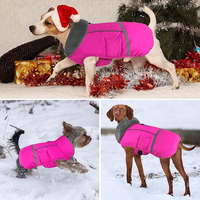 Dogcheer Warm Dog Coat, Christmas Dog Jacket Waterproof Puppy Winter Coat with Buckles, Reflective Adjustable Pet Snow Jacket Turtleneck Fleece Sweater for Small Medium Large Dogs - Pink, M