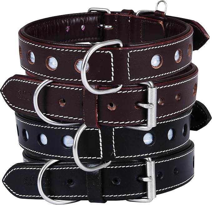 Genuine Leather Dog Collar, Reflctive Collar for Extra Large Dogs, Black | Full Grain, Heavy Duty, Comfortable, Soft Padded, Strong | (X-Large (Fit Neck Size 22"-26"), Raven)