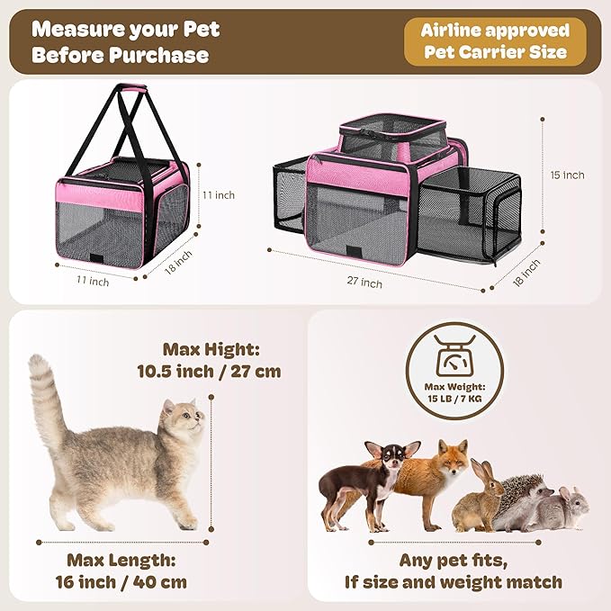 Top and 2 Sides Expandable Cat Carrier 17x11x11, TSA Airline Approved Dog Carriers for Medium Dogs, Soft-Sided Pet Carrier with Self-Locking Zippers for Kitten,Rabbit, Puppy, Guinea Pig Pink