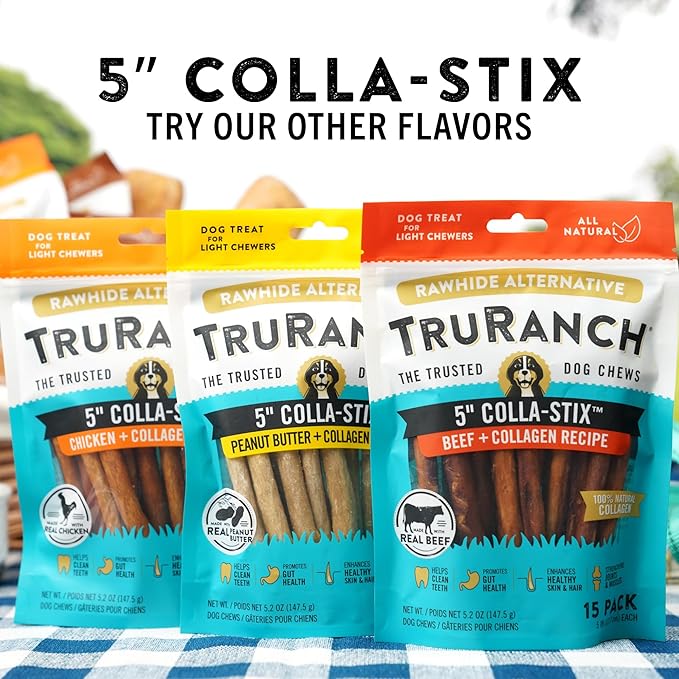 TRURANCH Collagen Sticks - 5" Collagen Sticks for Dogs - Long Lasting Healthy Joint Support - Rawhide Alternative - Skin & Coat Health - Made with Real Beef, Value Pack, 3 Bags, 45 Count