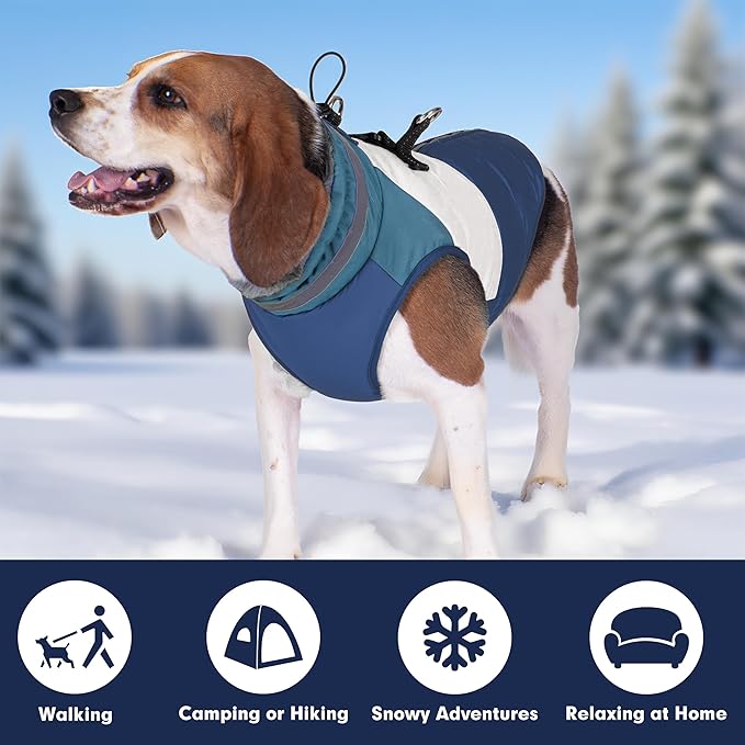 azuza Dog Jacket Waterproof Winter Coat for Small Dogs, Warm Fleece Vest with Reflective Strips & Built-in Harness, Windproof Back Zipper, Navy S