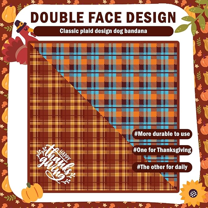 SCENEREAL Thanksgiving Dog Bandanas 2 Pack, Puppy Fall Orange Turkey Triangle Bibs Handkerchief, Reversible Holiday Dog Bandana for Boy and Girl, Premium Pet Scarf for Small Medium Large Dogs XL