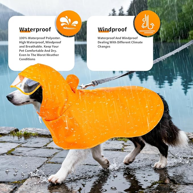Dog Raincoat, Waterproof Windproof Dog Rain Jacket with Hood, Rain Coat with Leash Hole, Adjustable Raincoat Poncho for Small Medium Large Dogs Outdoor (Yellow, Medium)
