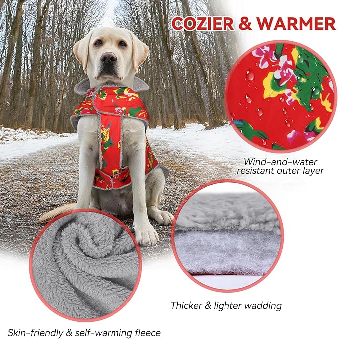 VIVAGLORY Frostfit Dog Coat, Dog Jacket for Winter & Cold Weather, Warm Fluffy Fleece Lined Water Resistant Reflective for Puppy, Coat with Velcro Fastening & Leash Hole, XL, Northeast Florals-Red