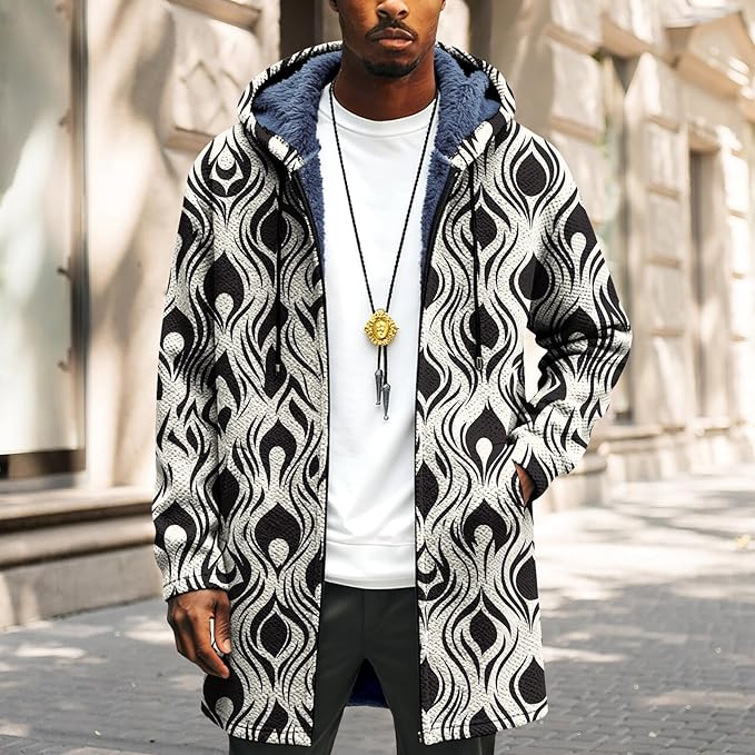 Mens Long Cardigan Hoodies Full Zip Fleece Lined Jackets Fashion Knitted Color Block Hooded Coat with Pockets