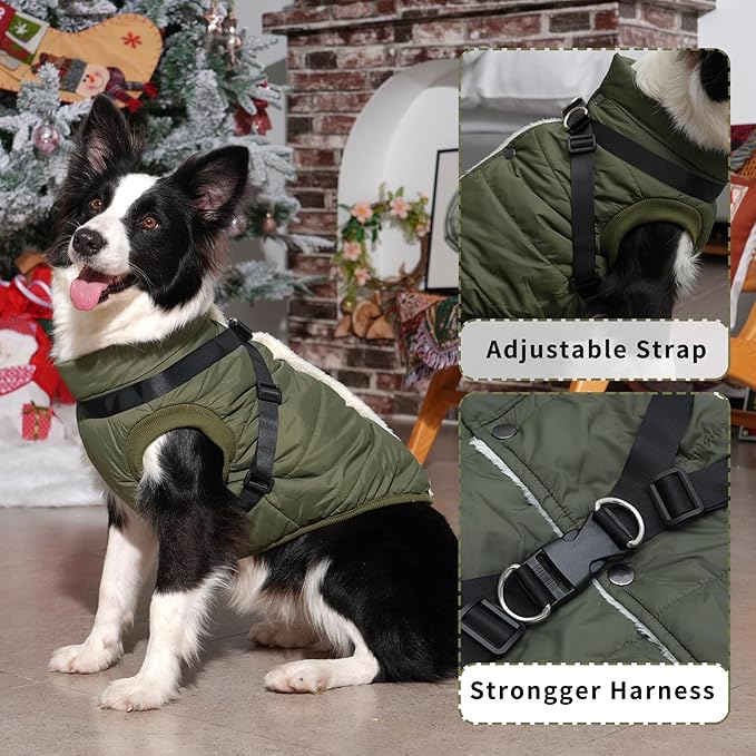 Dog Jacket with Harness,Fleece Lined Warm Puppy Coat for Winter,Soft Windproof Small Dog Vest,Green M