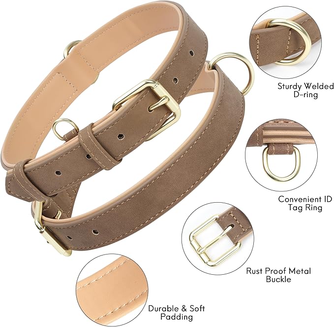 Leather Dog Collar for Small Medium Large Dogs, Soft Padded Dog Leather Collar with Heavy Duty Gold Buckle, Durable & Comfortable for Large Dogs Daily Walking (Light Brown, L)