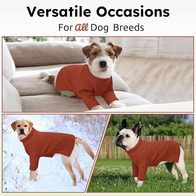 Queenmore Small Dog Sweater, Long Sleeve KnitSweater with Check Pattern, Warm Plaid Doggie Sweaters for Small Medium Dogs, Solid Pull-on Cat Knitwear, Saddle Brown S