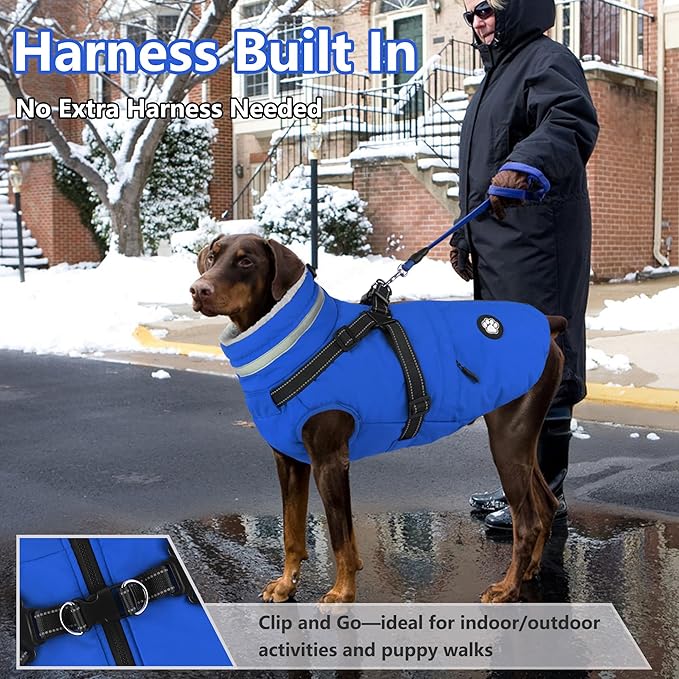 Dogcheer Dog Coat, Waterproof Dog Winter Jacket with Harness, Reflective Adjustable Doggy Cold Weather Coats, Christmas Pet Fleece Snowsuit for Small Medium Large Dogs - Blue, M