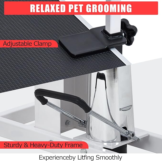 Professional Hydraulic Dog Grooming Table Heavy Duty 350Lbs, Adjustable Overhead Arm & Noose, Non-Slip PVC Top for Large Dogs, Salon-Grade Pet Grooming Station (White)
