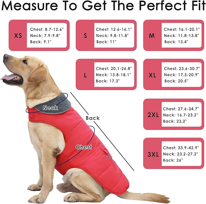 Dog Coat, Waterproof Dog Winter Jacket with Pocket, Reflective Adjustable Pet Snow Vest, Warm Cozy Fleece Sweater for Small Medium Extra Large Dogs - Red, M