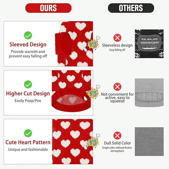 KOOLTAIL Turtleneck Cat Sweater - Soft Knit Christmas Sweater With Heart Love Pattern, Thick Warm Cold Weather Clothes for Small Medium Large Kittens Puppies, Red L