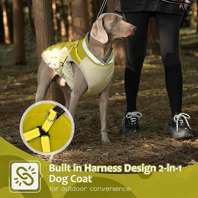Dog Winter Coat with Harness, Dog Jacket, Pet Clothes with Zipper on Back, Waterproof Windproof Warm Vest, Reflective Cold Weather Coats, for Small Medium Large Dogs, Thick, Green, L