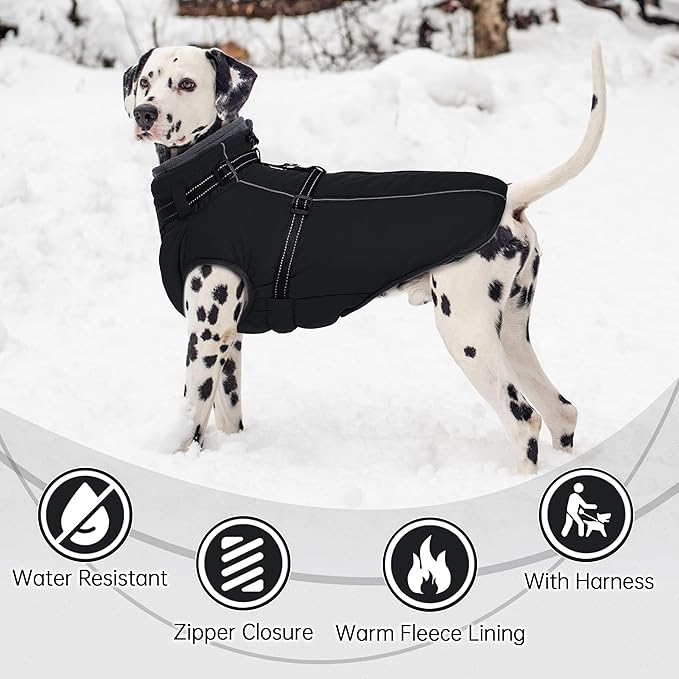 PUMYPOREITY Dog Coat with Harness Built in, Reflective Fleece Jacket, Thick and Warm Winter Coat, Medium Dog Jacket with Zip, Cold Weather Coats for Outdoor, Waterproof Pet Snowsuit, Black, L