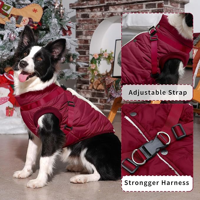Dog Jacket with Harness,Fleece Lined Warm Puppy Coat for Winter,Soft Windproof Medium Dog Vest,Red XL