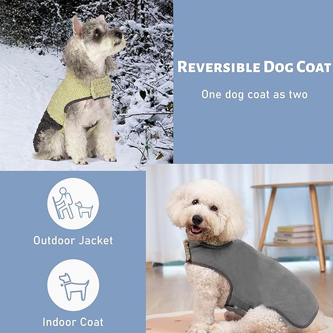 cyeollo Warm Dog Coat Sherpa Dog Winter Coat, Reversible Fleece Doggie Jackets Sweater Vest for Small Dogs Male with Leash Hole, Soft Cold Weather Pet Coats, Khaki S