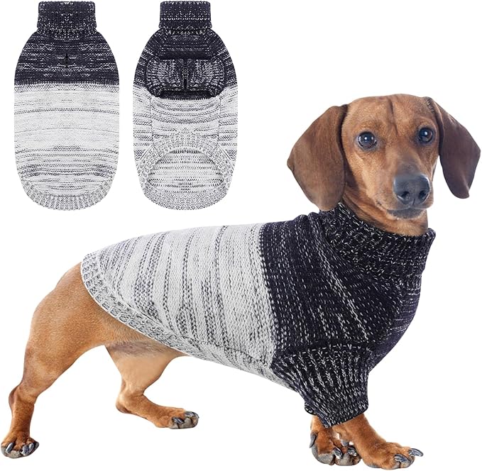 Queenmore Knitted Pullover Dog Sweater, Turtleneck Pet Cat Sweater, Cold Weather Puppy Clothes Stitching Knitwear with Leash Hole for Small Medium Dogs(Blue,M)