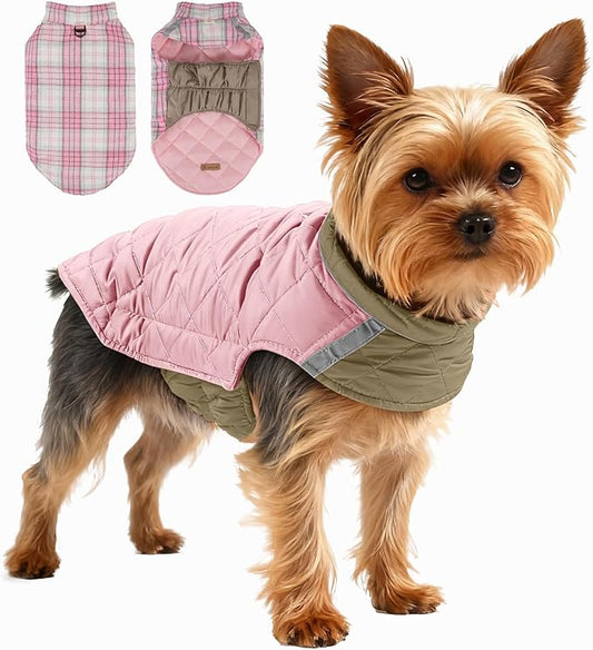 Quilted Dog Winter Coat, Plaid Lined Reversible Vest, Reflective Safety Strip, Cold Weather Pet Apparel Pink XS