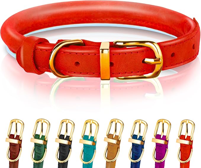 OOPSDOGGY Reflective Rolled Leather Dog Collar Adjustable Soft Padded Pet Collar for Small Medium Large Breed Dogs (Red, S, 10"-13")