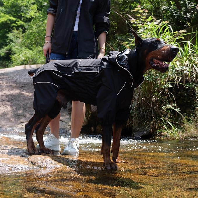 LOVELONGLONG Fleece-Lined Dog Raincoat with Removable Hood – Waterproof Winter Full Body Dog Jacket – Windproof Snowproof Cold-Weather Suit – Black-F 4XL