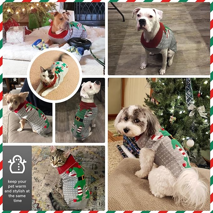 PETCARE Dog Christmas Sweater Ugly Elf Clown Cat Sweater Vest Pet Jumper Grey Green Holiday Dog Clothes Puppy Sweaters for Small Medium Large Dogs Cats Fall Winter Outfits Xmas Dogs Costume,Large
